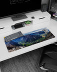 Artistic 32x12 inches mouse pad featuring mountain valley, with winding rivers, towering cliffs, and lush farmlands for a dramatic touch.