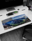 Modern 32x16 inches mouse pad featuring mountain valley design, with rivers, cliffs, and farmlands for a serene yet dramatic workspace vibe.