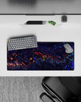 28x12 inches mouse pad with a liquid abstract design, blending deep blues, purples, and fiery reds for a bold, cosmic energy look.