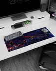 Artistic 32x12 inches mouse pad with a liquid abstract design, featuring deep blues, purples, and fiery reds for a cosmic and dynamic look.