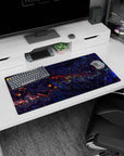 Modern 32x16 inches mouse pad featuring a liquid abstract design, with deep blues, purples, and fiery reds for a vibrant, motion-filled look.