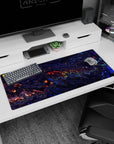 Artistic 36x16 inches mouse pad showcasing a vibrant liquid abstract design with deep blues, purples, and fiery reds for a creative, energetic look.