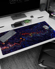 Large 40x20 inches mouse pad with a liquid abstract design, featuring deep blues, purples, and fiery reds for a dynamic and creative workspace vibe.