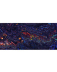 Mouse pad featuring a liquid abstract design, 36x16 inches, with deep blues, purples, and fiery reds, bringing cosmic energy to your workspace.