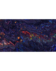 Mouse pad featuring a liquid abstract design, 40x20 inches, with deep blues, purples, and fiery reds for a dynamic, cosmic feel.