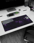Modern 32x16 inches mouse pad featuring purple marble design, with swirling purple veins on a black backdrop for a cosmic and bold look.