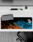 Cosmic 32x12 mouse pad with deep blue and fiery copper tones, bringing the fluidity of the universe to your desk in a celestial design