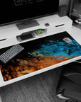 Striking 40x20 anime desk mat with deep blues and fiery copper, blending fluid cosmic elements for a vibrant, celestial aesthetic
