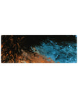 Celestial 32x12 mouse pad with deep blues and fiery copper, creating a vibrant and fluid cosmic design for an otherworldly vibe