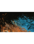 Celestial abstract 40x20 desk pad featuring deep blues and fiery copper tones for a cosmic, fluid design that enhances your workspace