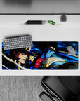 Action-packed 32x12 desk mat features Jotaro's Stand Battles with intricate blue and dynamic details