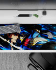 Dynamic 36x16 desk pad highlights Jotaro's determination and Star Platinum's strength with vivid blue accents