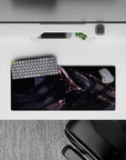 28x12 inches anime mouse pad in midnight black with crimson streaks, violet glow, and soft sparkles.