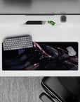 32x12 inches anime mouse pad in midnight blacks with violet glow and crimson streaks, after-dark vibe.