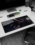 32x16 inches desk mat featuring a fierce anime girl, one glowing violet eye, hair whipping through shadows.