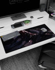 36x16 inches anime girl desk pad showing a raven-haired girl with one violet-glow eye and sleek straps.