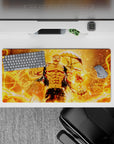 32x16 inches fiery orange anime mouse pad, glowing orb, sharp shadows, chaotic high-energy flame aura.