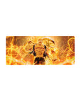 28x12 inches anime mouse pad with grinning muscular fighter, golden flames, and curved weapon halo.