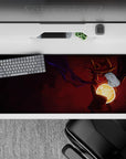 Crimson and violet cinematic anime desk pad 36x16 inches, warm gradients and sharp highlights for a moody setup.