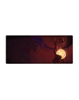 Cinematic night anime mouse pad 28x12 inches with hooded figure and glowing orb, clean dramatic art.