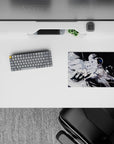 14x10 inches anime mouse pad in icy white and deep black, calm cosmic vibe with starry glow.