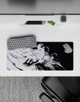 Cosmic anime mouse pad 28x12 inches in icy white and deep black, calm starry orbit vibe.
