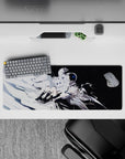 32x12 inches anime desk mouse pad in icy whites and deep black, calm cosmic mood with aqua-eyed girl.