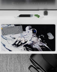 32x16 inches anime mouse pad in icy white and deep black, calm cosmic vibe with aqua-eyed girl.