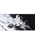 36x16 inches anime girl desk pad with silver-haired angel in space, uniform top, floating astronaut, stars.