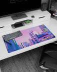 Modern 32x16 inches mouse pad featuring Tokyo Dusk Dream, blending the vibrant cityscape with peaceful pink and purple tones at sunset.