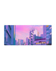 Mouse pad featuring Tokyo Dusk Dream, 28x12 inches, with a peaceful Tokyo cityscape under the glow of a dreamy pink and purple sunset sky.