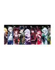 28x12 inches anime girl mouse pad with neon lineup of characters on black, gamer desk extended mat.