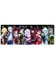 32x12 inches anime girl mouse pad with neon lineup of characters on black, frills, hood, and armor details.