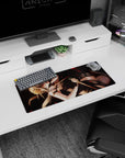 28x12 inches anime girl mouse pad showing a relaxed but deadly fighter with twin daggers and gold rose pin.