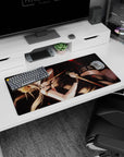 Anime girl mouse pad 32x16 inches showing sultry battle-ready girl gripping twin daggers, relaxed but dangerous.