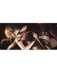 Anime girl desk pad 36x16 inches with smoky black backdrop, ash-blonde ponytail, twin daggers, red petals.