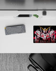 Black backdrop anime mouse pad 14x10 inches with white armor panels, hot red accents, sharp linework.