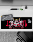 Black-and-white anime mouse pad 32x12 inches with hot red accents and sharp mechanical linework.