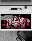32x16 inches anime mouse pad in white armor on deep black with hot red accents, sharp mechanical lines.