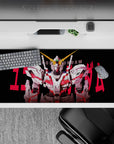36x16 inches anime mouse pad in stark white armor on deep black with hot red accents, sharp mech lines.