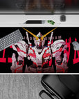 Anime desk pad 40x20 inches in white armor on deep black with hot red accents, sharp mech linework.