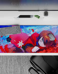 Candy blue and hot pink sky anime desk pad 36x16 inches, dreamy calm vibe with soft petals.