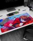 Sleepy brown-haired anime girl curled up on a 40x20 inches desk pad, red hoodie, soft daydream scene.