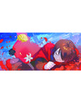 Anime girl desk pad 36x16 inches with red hoodie, petals, paint flecks, and a white lily.