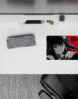 Anime girl mouse pad 14x10 inches in crimson, teal-black, and gold with a calm-but-deadly noir vibe.