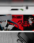 Anime desk pad 36x16 inches in crimson, teal-black, and red checker tones with calm, dangerous vibe.