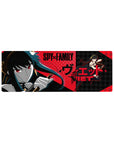 32x12 inches anime girl mouse pad with noir closeup, red checker background, bold black typography.