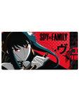 32x16 inches anime girl mouse pad with noir closeup, red checker background, bold black typography.