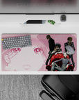 Smoky pink noir anime mouse pad 32x16 inches, clean linework, leather jackets, cold attitude.