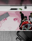 40x20 inches anime desk pad in smoky pink with dark noir contrast, velvet red chair, gritty street-gang mood.